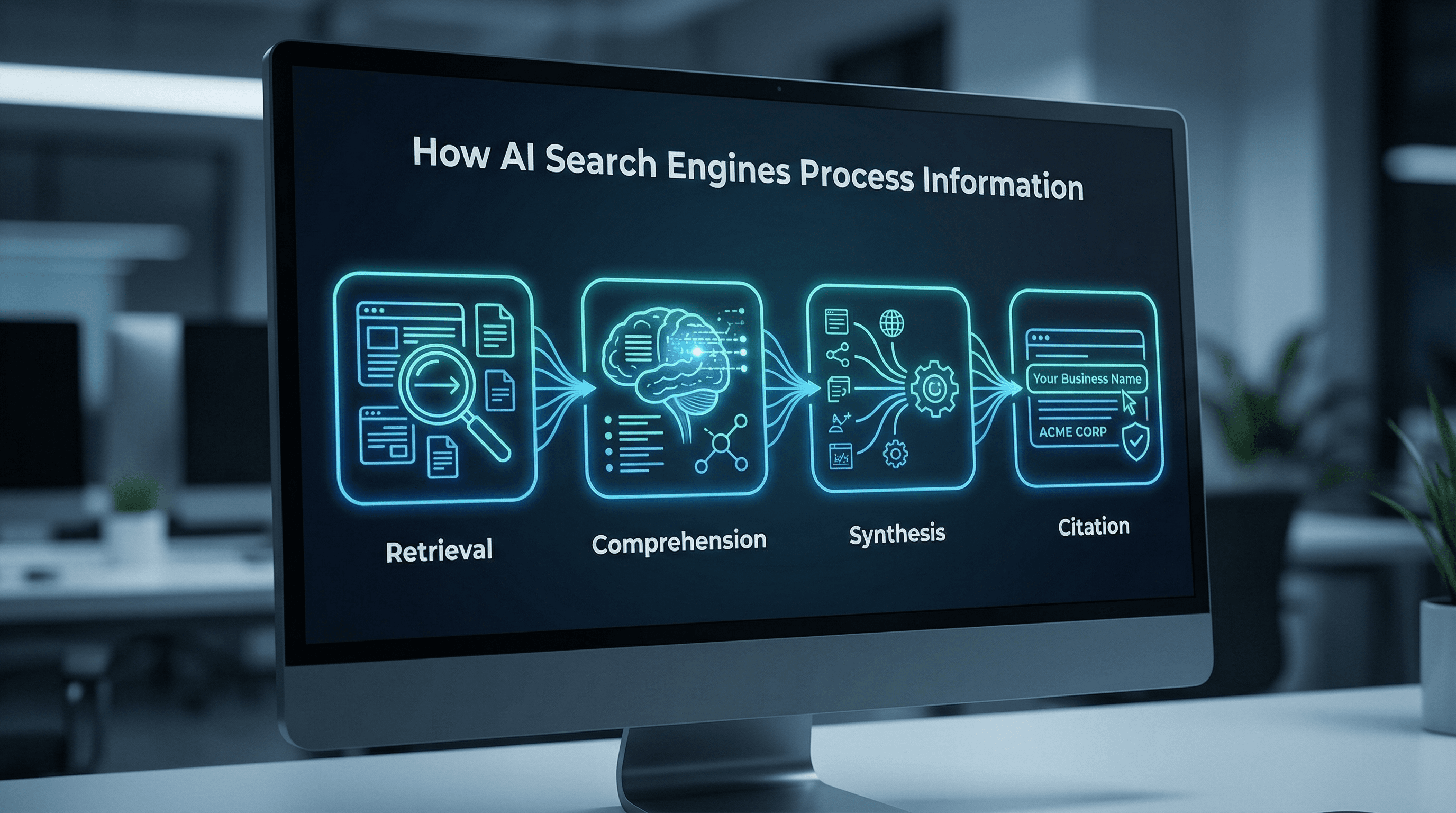 How AI answer engines work: retrieval, comprehension, synthesis, and citation steps visualized
