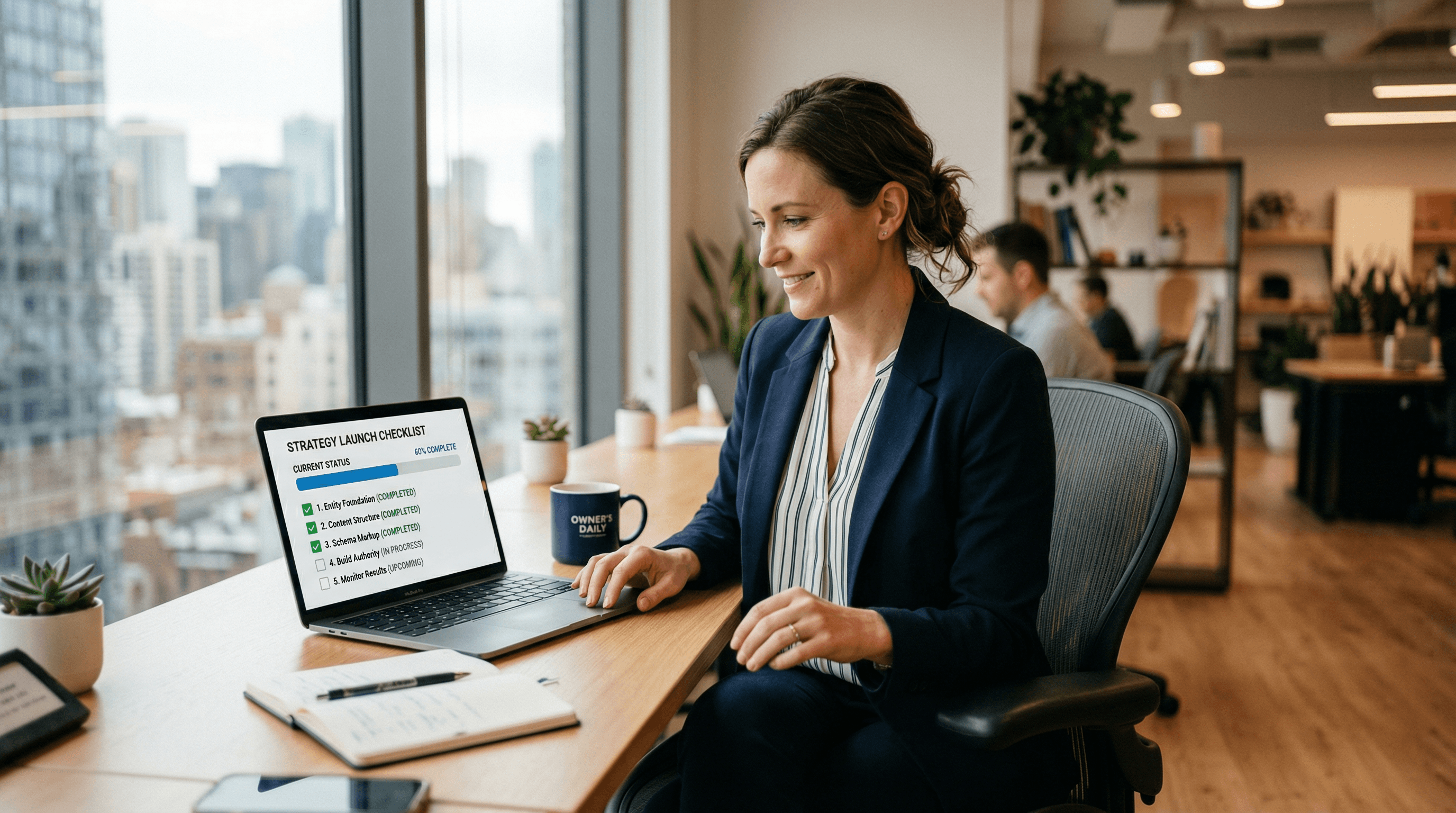 Business owner working through an AEO implementation checklist on their laptop with progress steps checked off