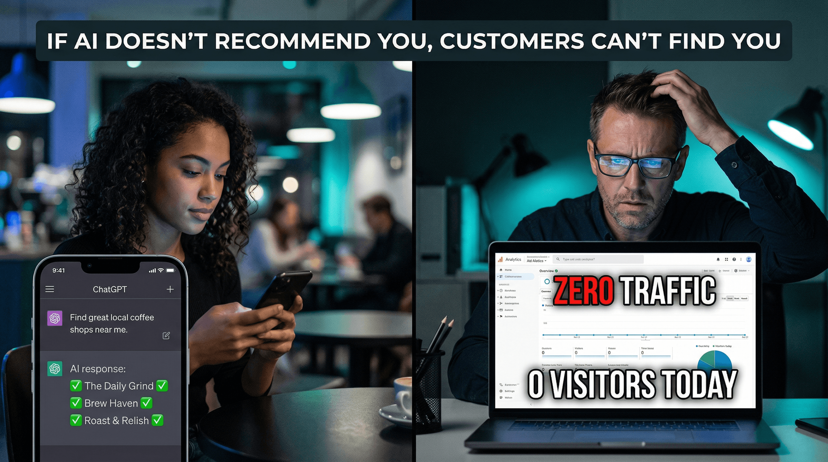 Split comparison: customer finding businesses through AI search vs a business owner invisible to AI with zero traffic