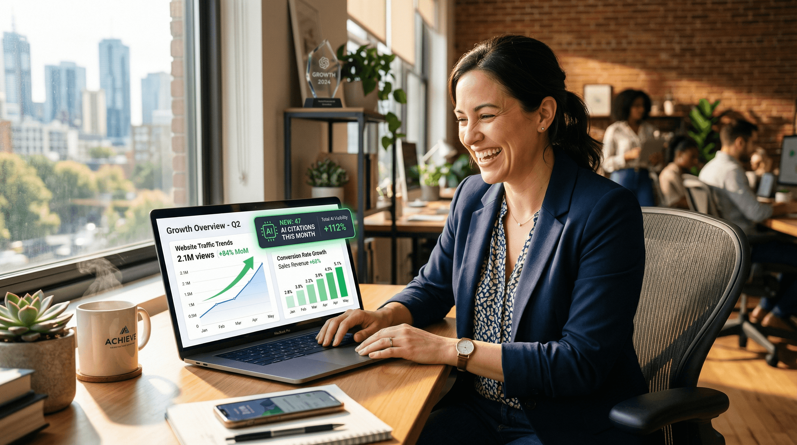 Business owner seeing impressive growth metrics on their laptop — AI citations, organic traffic, and conversions all trending upward