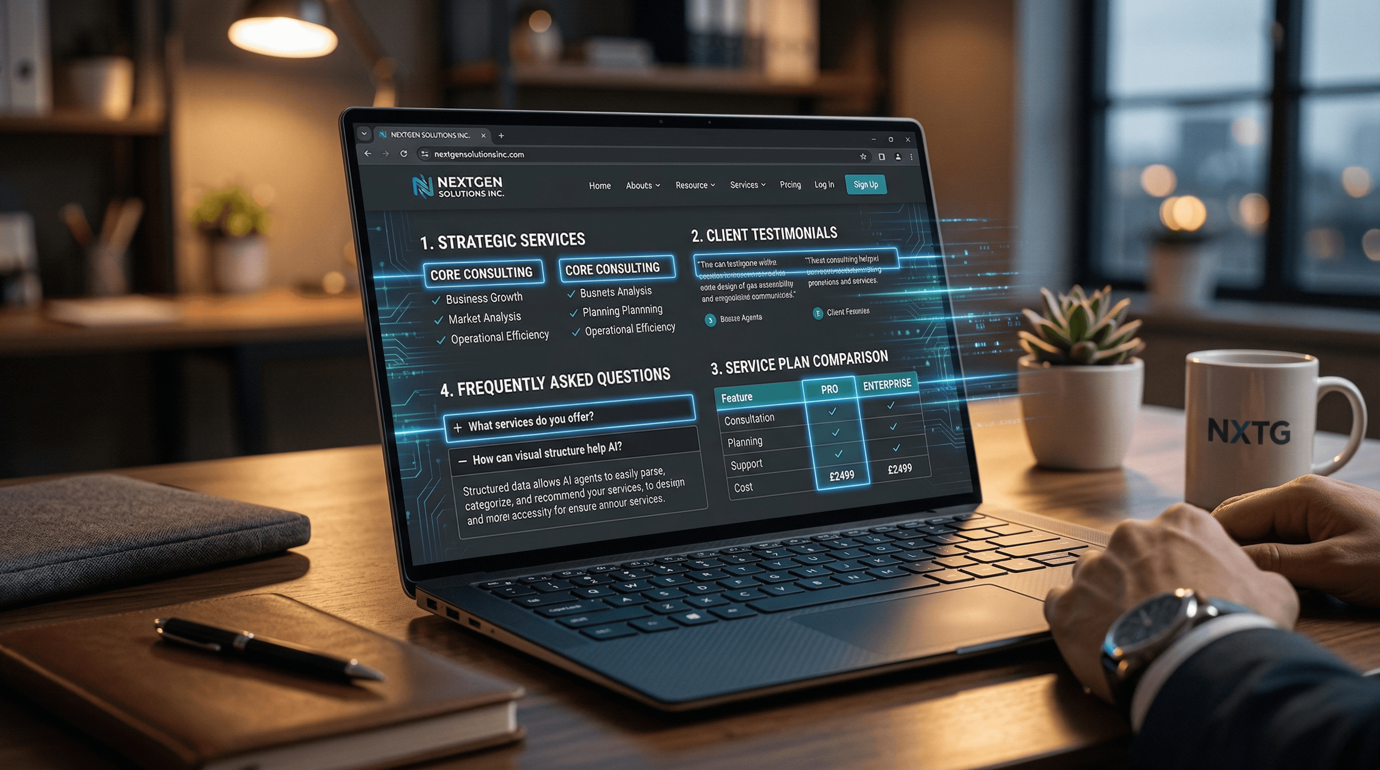 Well-structured website content with clear headings and FAQ sections being read by AI scanning technology