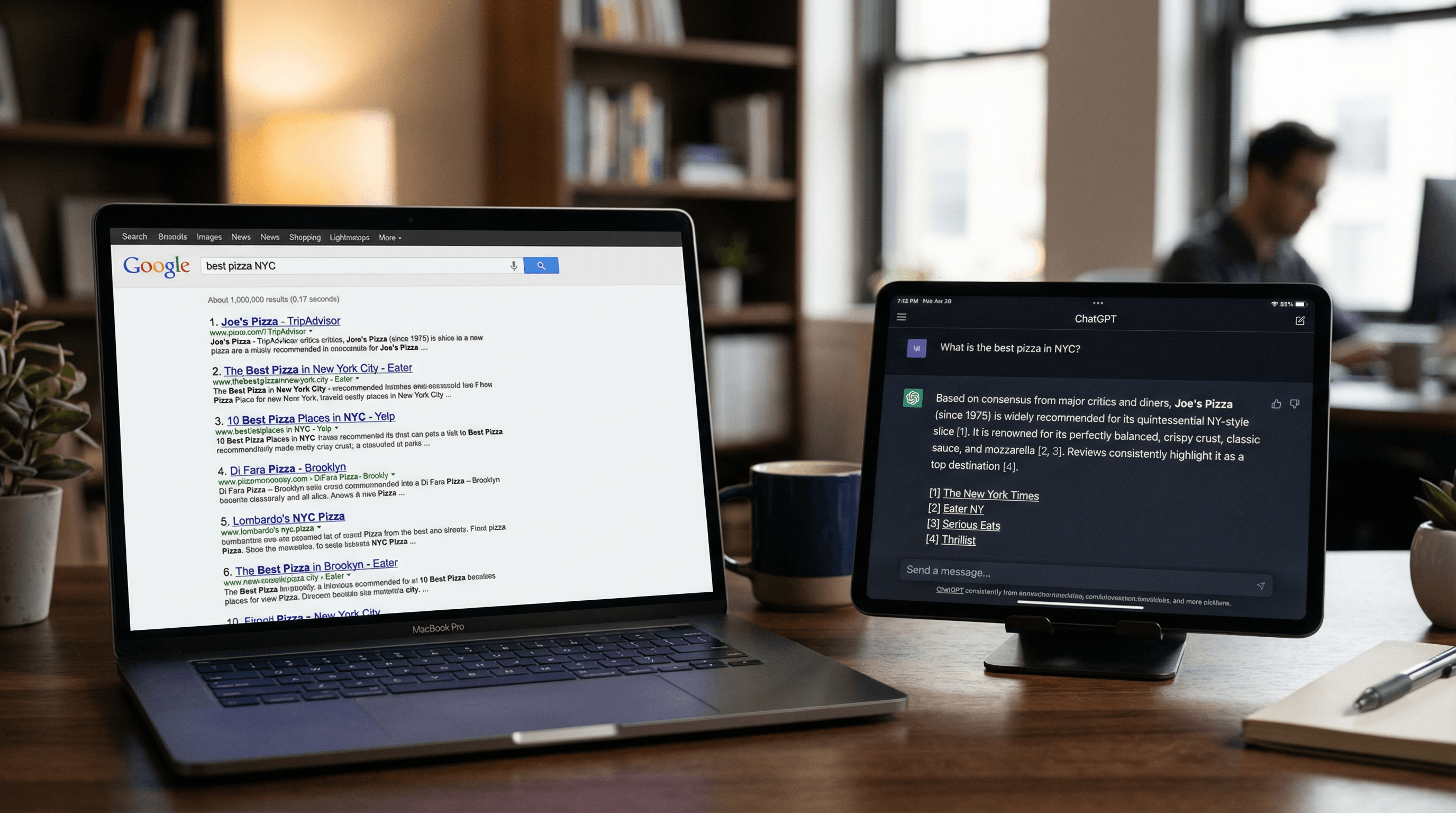 Traditional Google search results with blue links on a laptop versus AI-powered direct answer recommending a business on a tablet